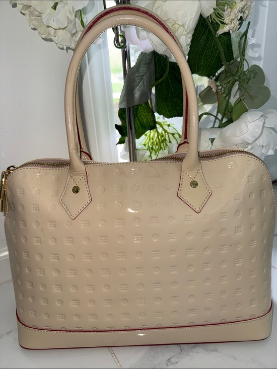 Arcadia Handbags - Arcadia Cream Patent Satchel with Red Trim
